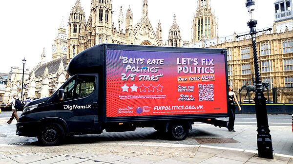 Digivan outside parliament - fair votes now 